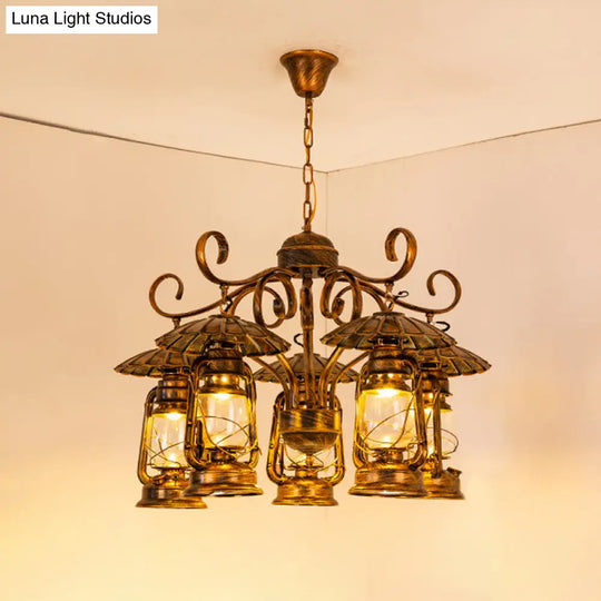 Industrial Metallic Brass 5-Light Pendant Chandelier Ceiling Fixture