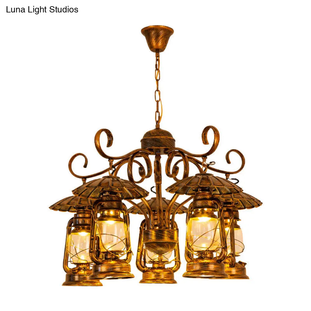 Industrial Metallic Brass 5-Light Pendant Chandelier Ceiling Fixture