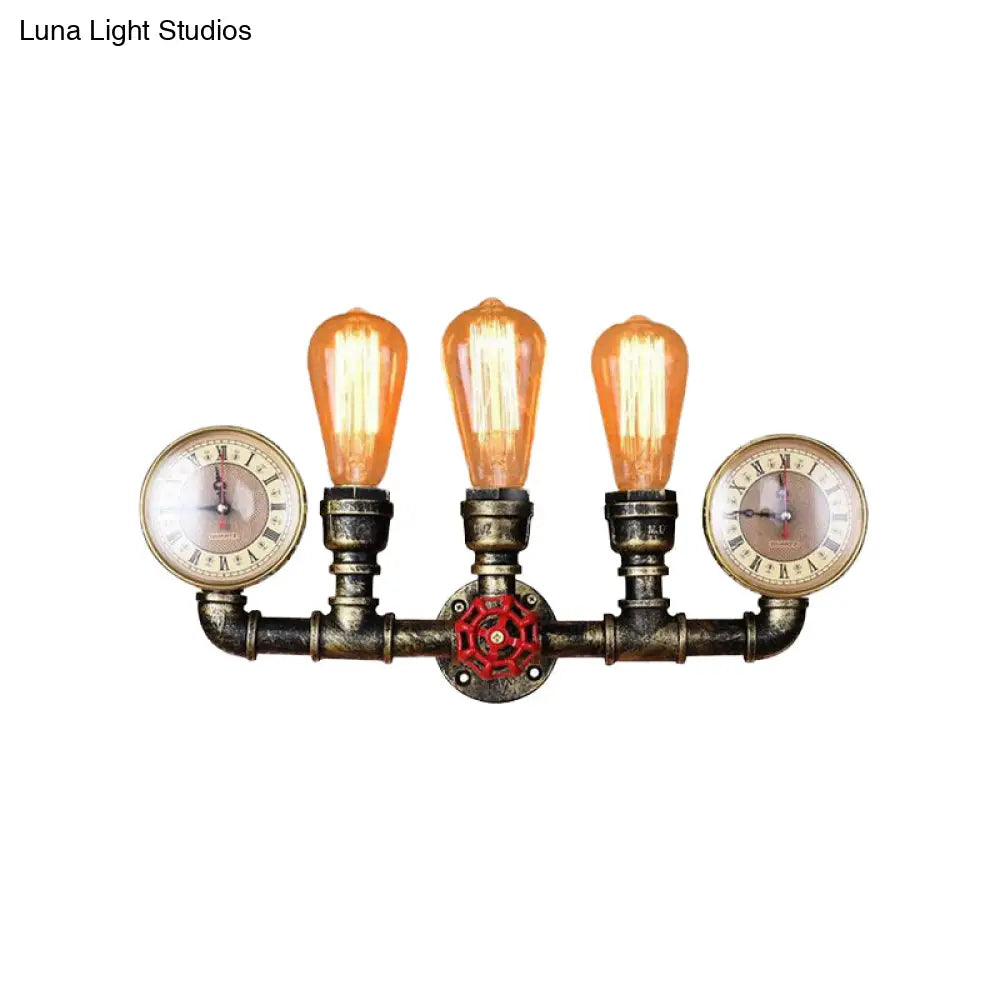 Industrial Brass Bare Bulb Wall Lamp With Valve And Gauge 3-Head Iron Lighting For Hallway