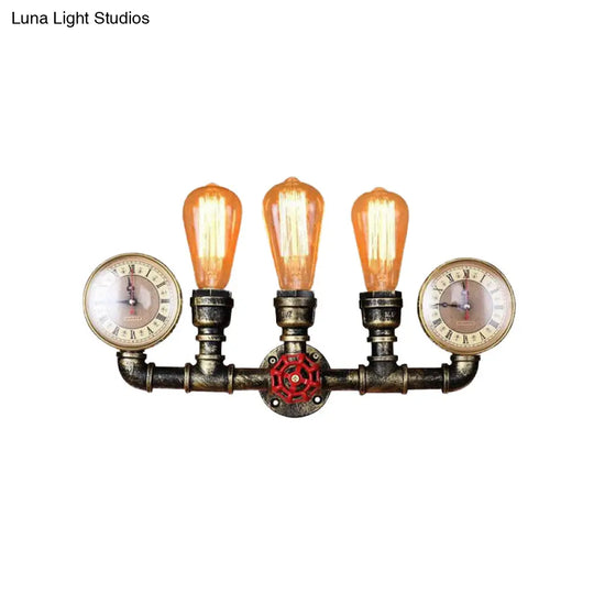 Industrial Brass Bare Bulb Wall Lamp With Valve And Gauge 3-Head Iron Lighting For Hallway