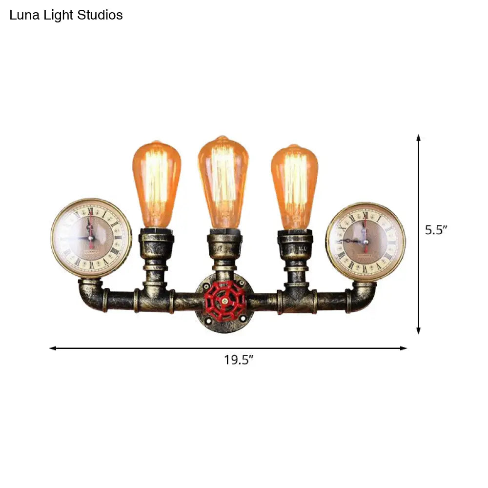 Industrial Brass Bare Bulb Wall Lamp With Valve And Gauge 3-Head Iron Lighting For Hallway