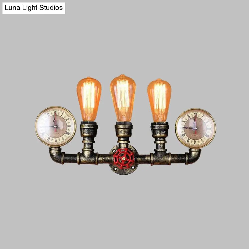 Industrial Brass Bare Bulb Wall Lamp With Valve And Gauge 3-Head Iron Lighting For Hallway