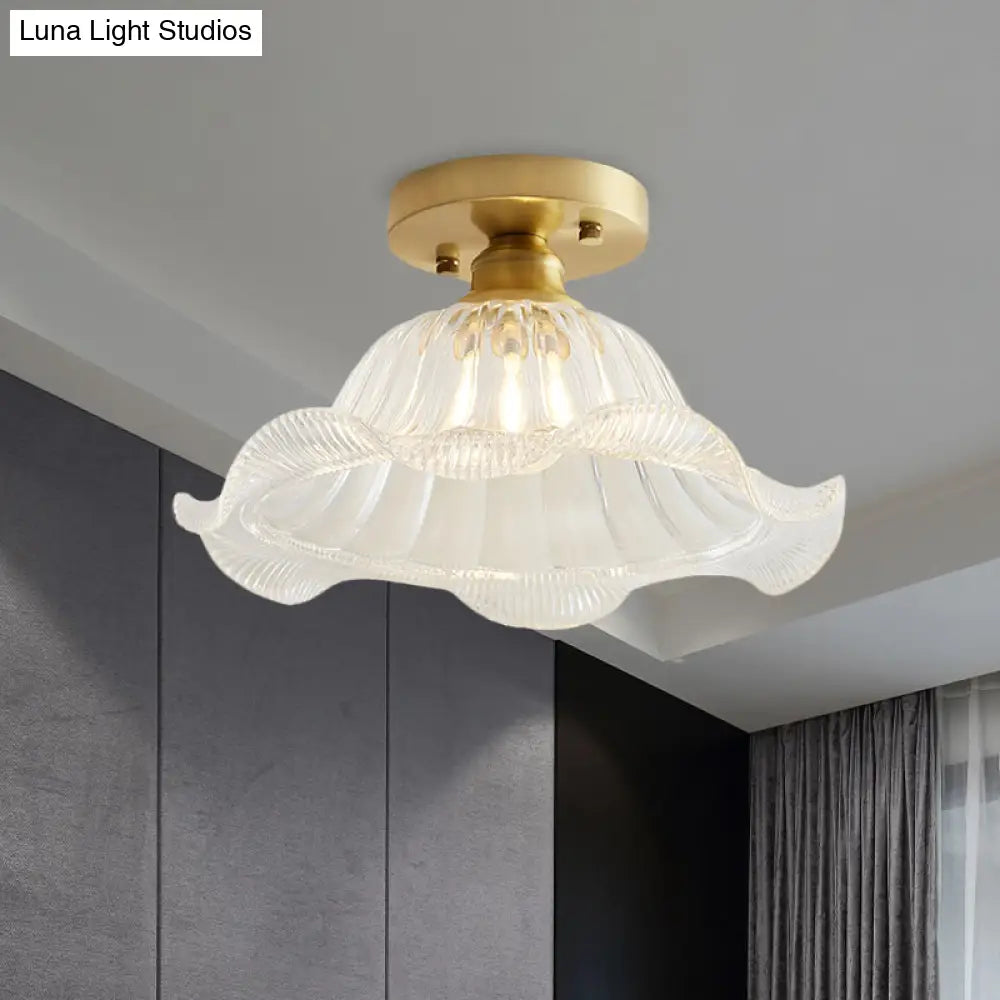 Industrial Brass Ceiling Light With Scalloped Texture - Living Room Semi Flush One