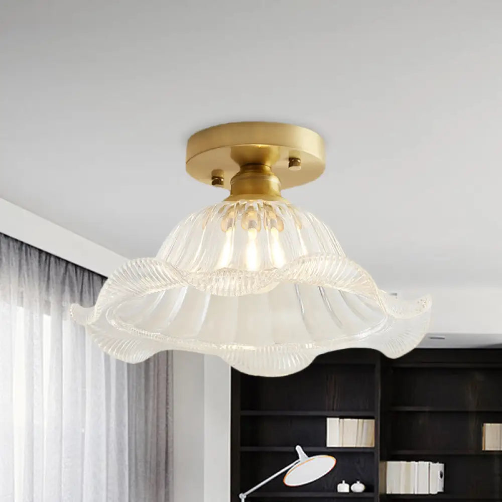 Industrial Brass Ceiling Light With Scalloped Texture - Living Room Semi Flush One