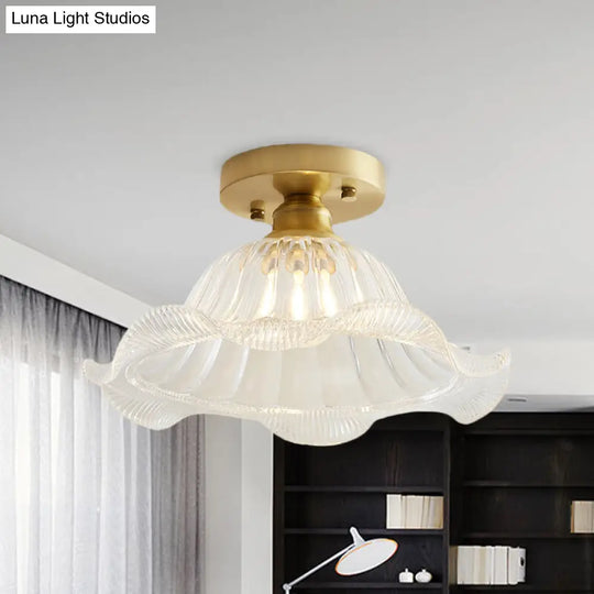 Scalloped Glass Industrial Ceiling Light Brass Finish - Living Room Semi Flush Mount One-Light