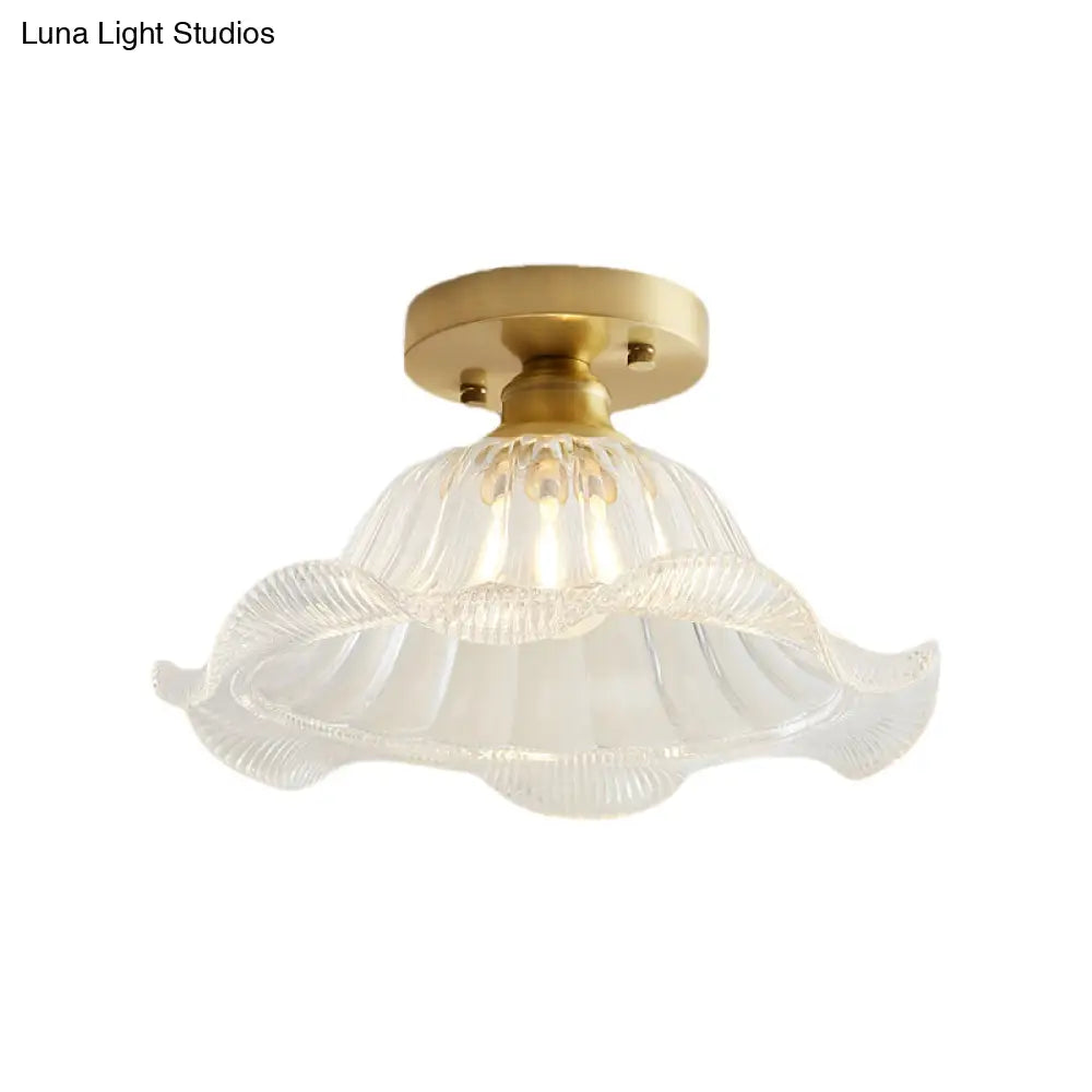 Scalloped Glass Industrial Ceiling Light Brass Finish - Living Room Semi Flush Mount One-Light