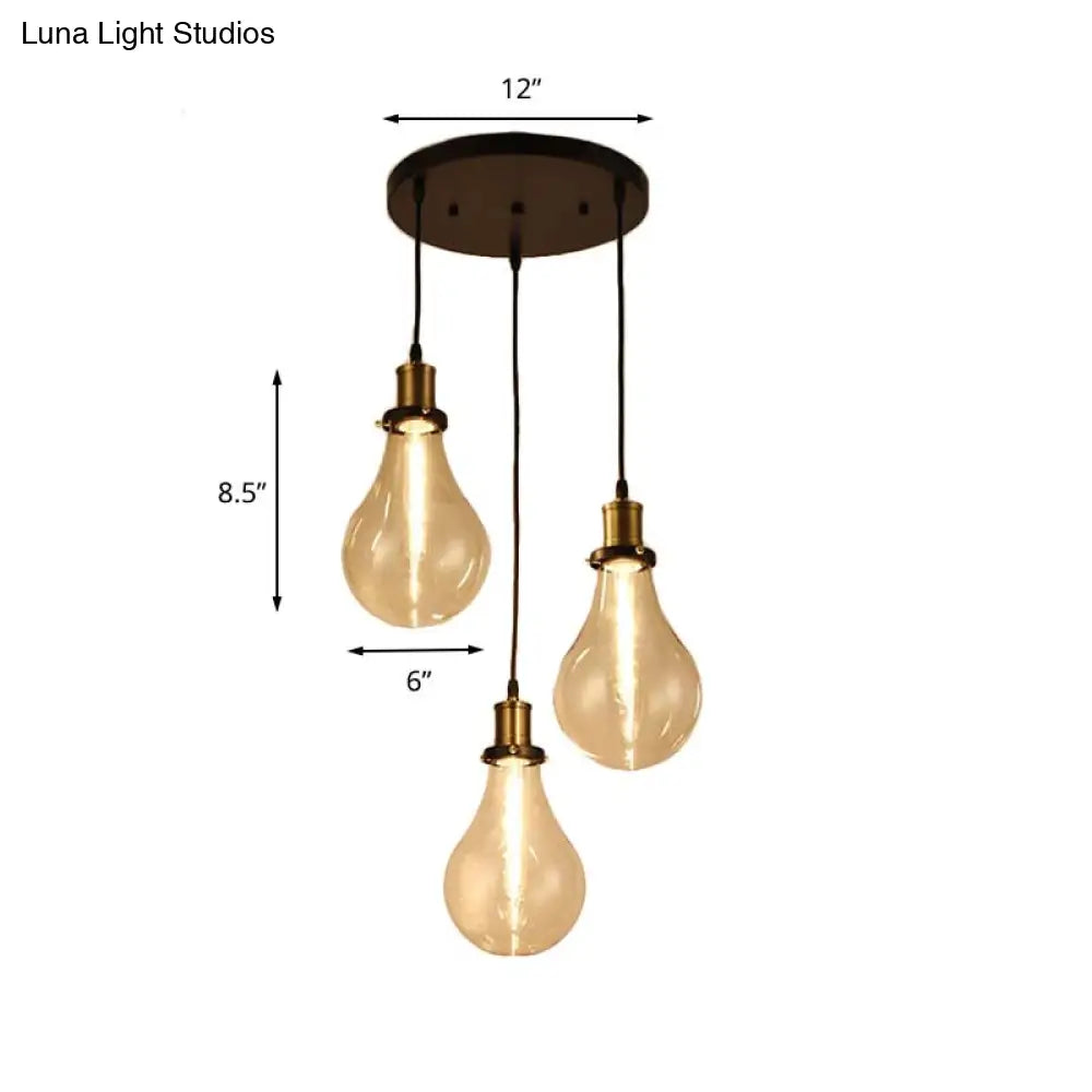 Industrial Brass Clear Glass Pendant Lighting With 3 Bare Bulb Multi Ceiling Lights