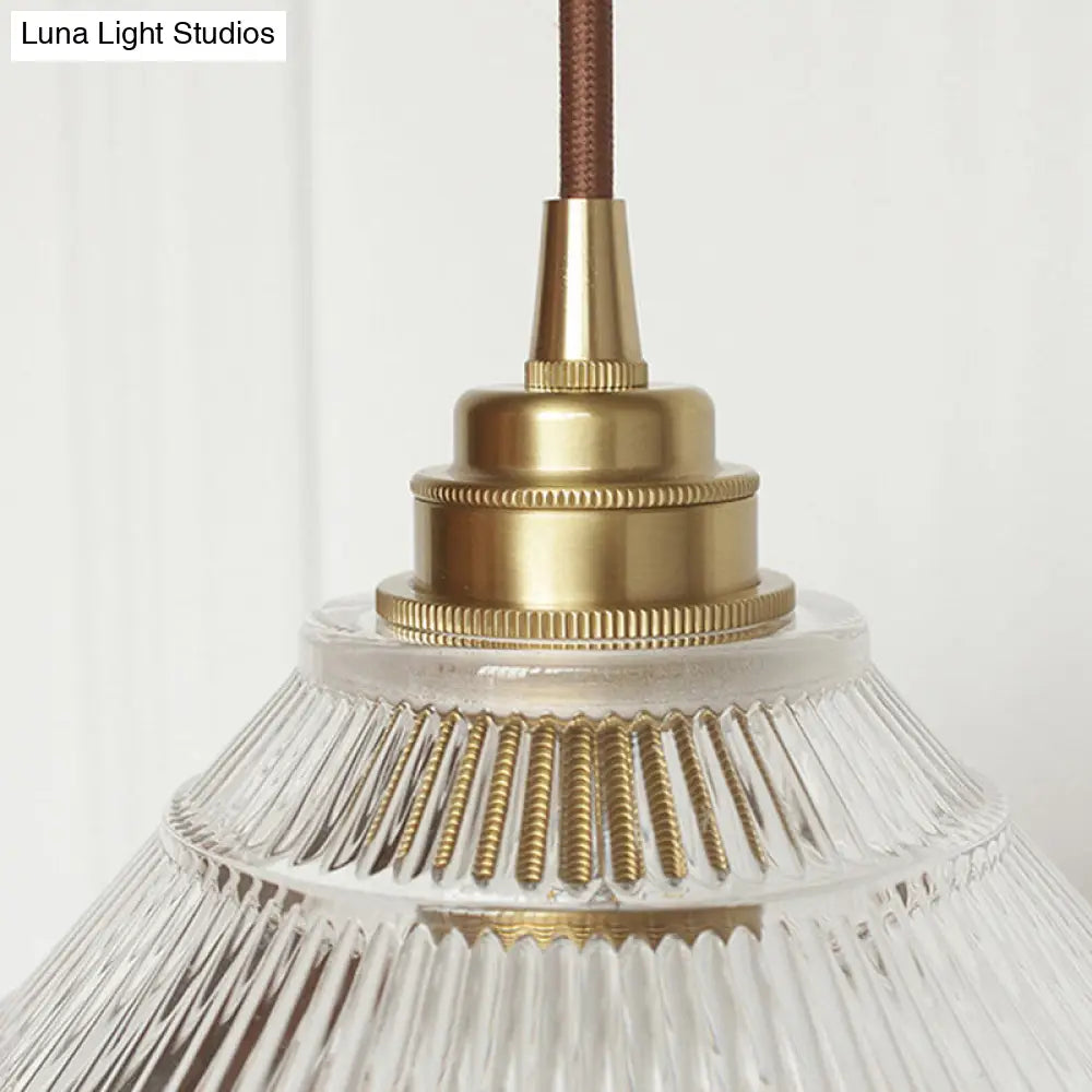 Clear Ribbed Glass Drop Lamp With Industrial Brass Cone Shade - 1-Light Ceiling Light For Dining