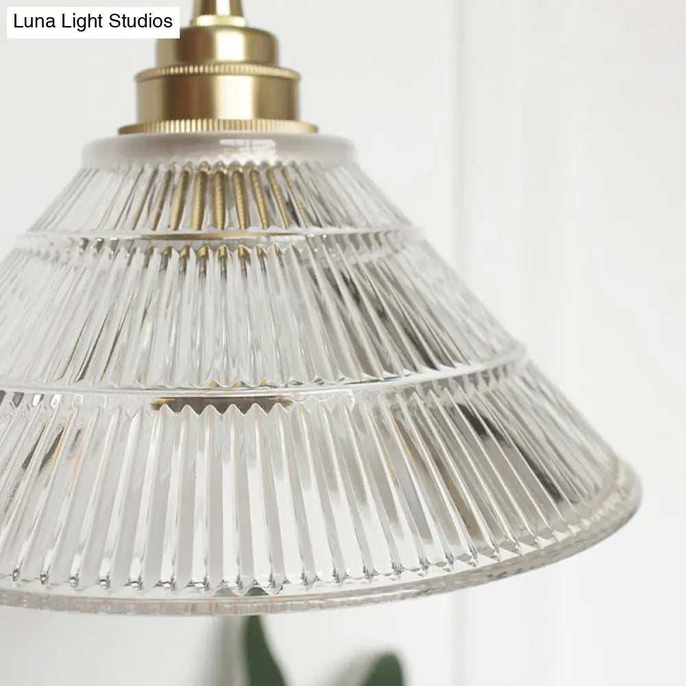 Industrial Brass Cone Pendant Ceiling Light With Clear Ribbed Glass Drop For Dining Room