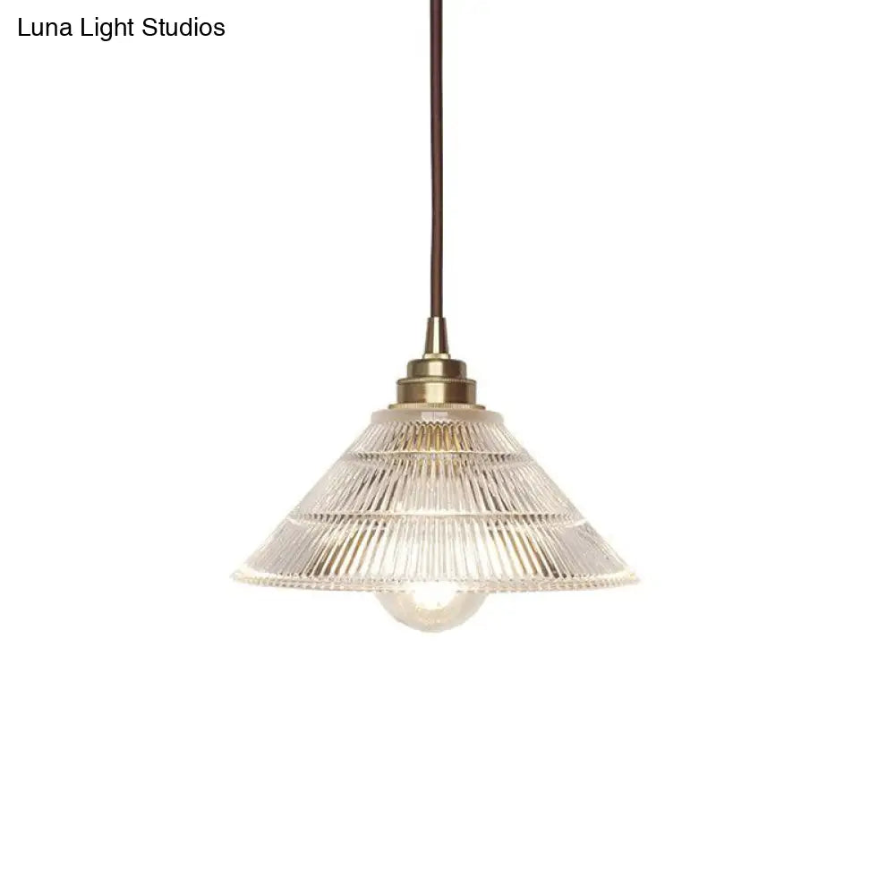 Industrial Brass Cone Pendant Ceiling Light With Clear Ribbed Glass Drop For Dining Room