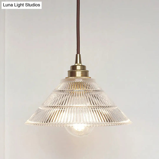 Clear Ribbed Glass Drop Lamp With Industrial Brass Cone Shade - 1-Light Ceiling Light For Dining