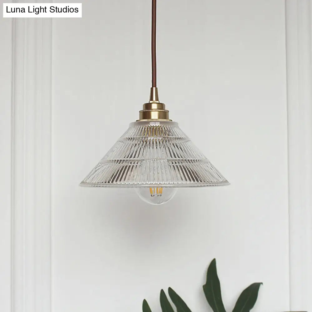 Industrial Brass Cone Pendant Ceiling Light With Clear Ribbed Glass Drop For Dining Room