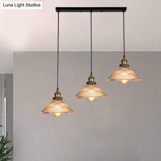 Industrial Brass Ribbed Glass Pendant Lighting - 3-Light Cone Hanging Light For Dining Room