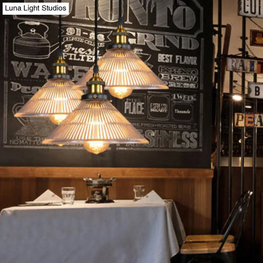 Industrial Brass Ribbed Glass Pendant Lighting - 3-Light Cone Hanging Light For Dining Room