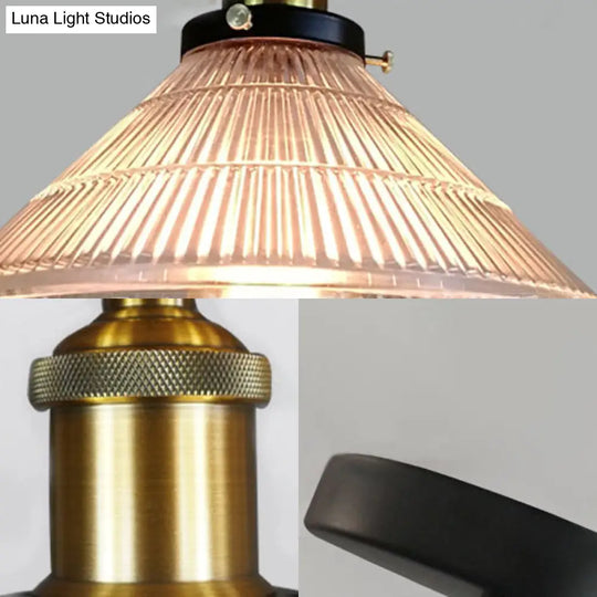 Industrial Brass Cone Pendant Light With Ribbed Glass - Perfect For Dining Rooms 3 Lights And