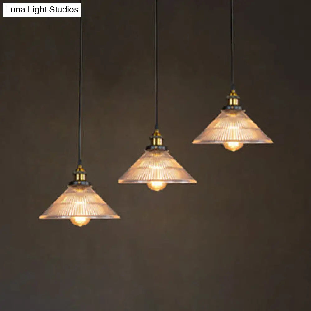 Industrial Brass Cone Pendant Light With Ribbed Glass - Perfect For Dining Rooms 3 Lights And