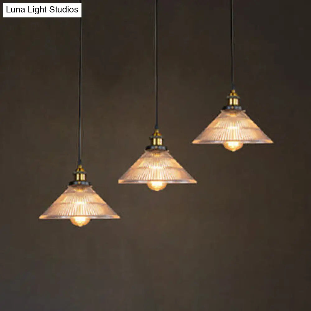 Industrial Brass Ribbed Glass Pendant Lighting - 3-Light Cone Hanging Light For Dining Room