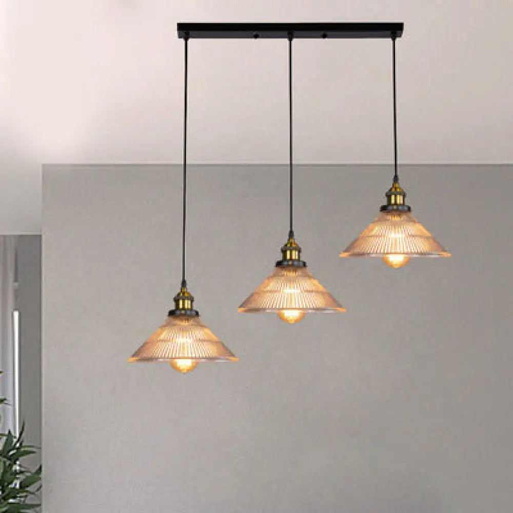 Industrial Brass Cone Pendant Light With Ribbed Glass - Perfect For Dining Rooms 3 Lights And