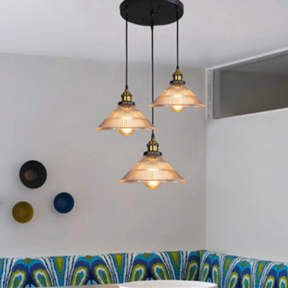 Industrial Brass Cone Pendant Light With Ribbed Glass - Perfect For Dining Rooms 3 Lights And