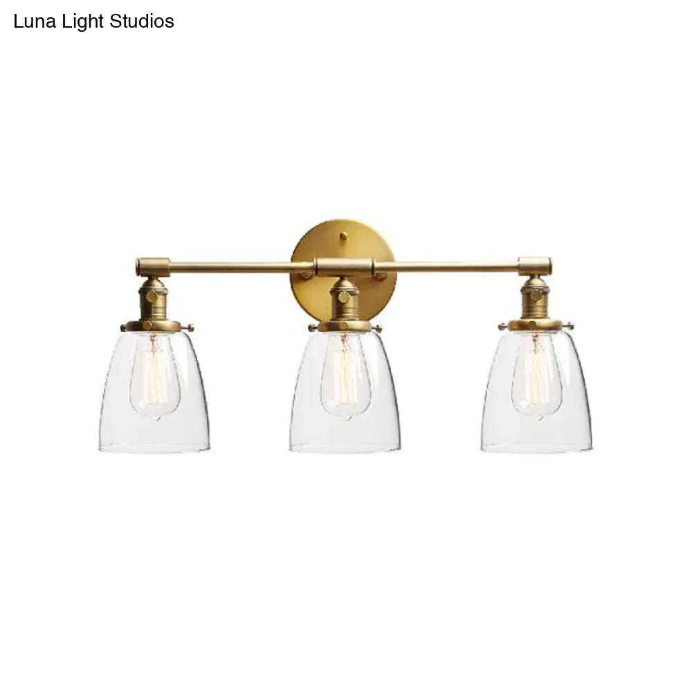 Industrial Brass Cone Wall Mounted Light Fixture - Clear Glass Lighting For Restaurants 3-Bulb