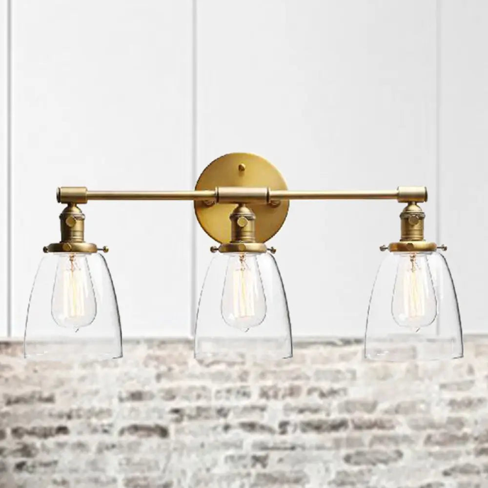 Industrial Brass Cone Wall Mounted Light Fixture - Clear Glass Lighting For Restaurants 3-Bulb