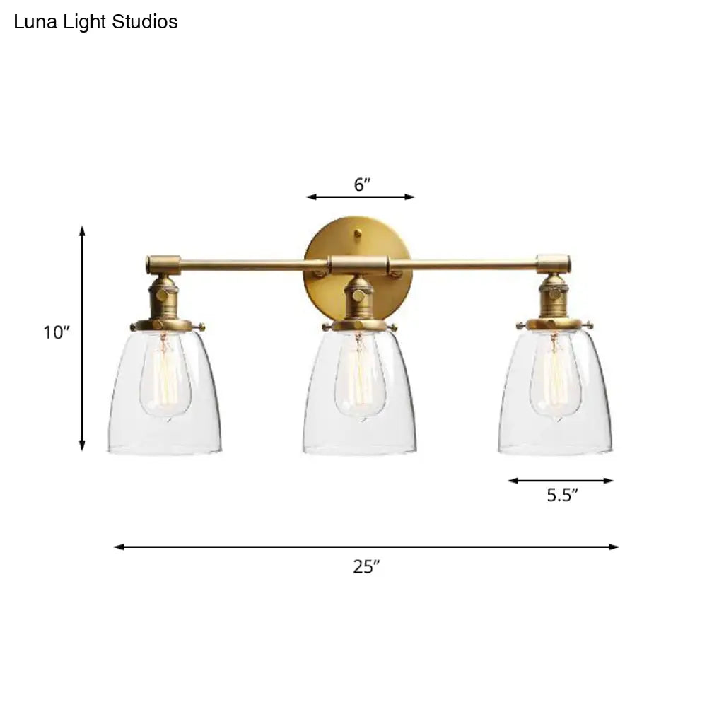 Industrial Brass Cone Wall Mounted Light Fixture - Clear Glass Lighting For Restaurants 3-Bulb