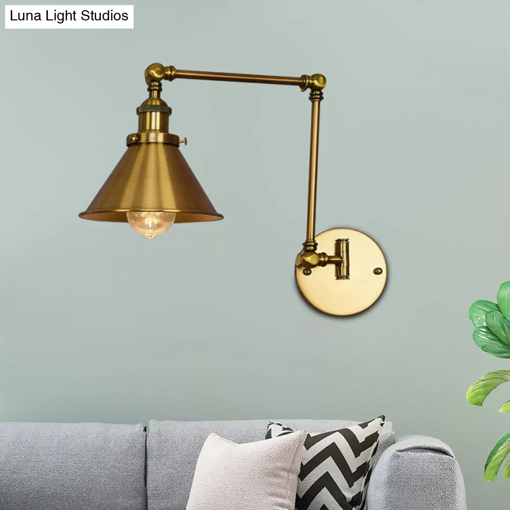 Industrial Brass Conical Wall Lamp - Elegant Metal Sconce Light For Living Room