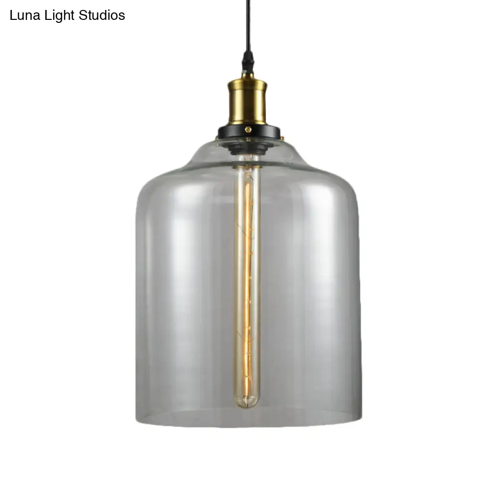 Industrial Brass Cylinder/Globe Pendant Light Fixture With Clear Glass - 1-Light Ceiling Hanging