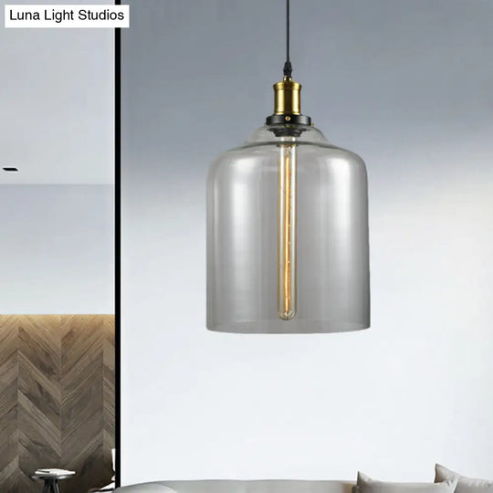 Industrial Brass Cylinder/Globe Pendant Light Fixture With Clear Glass - 1-Light Ceiling Hanging