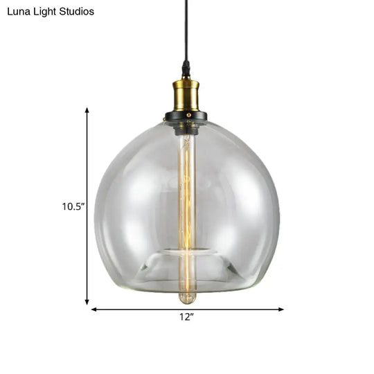 Industrial Brass Cylinder/Globe Pendant Light Fixture With Clear Glass - 1-Light Ceiling Hanging