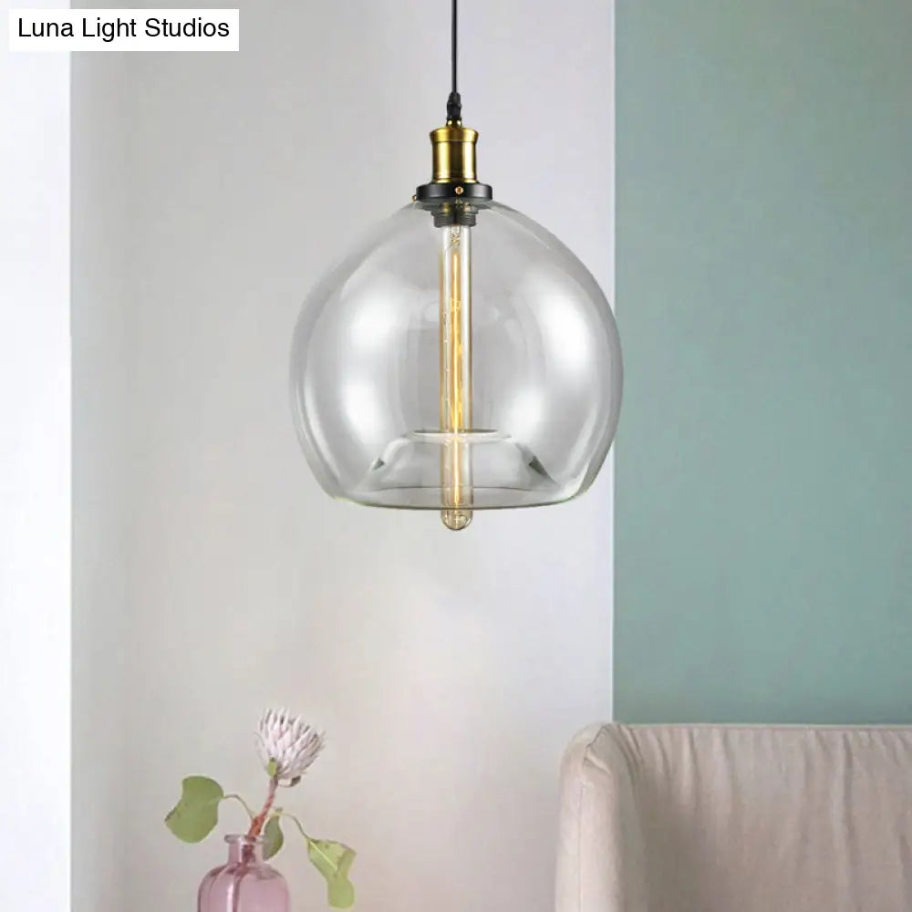 Industrial Brass Cylinder/Globe Pendant Light Fixture With Clear Glass - 1-Light Ceiling Hanging