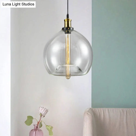 Industrial Brass Cylinder/Globe Pendant Light Fixture With Clear Glass - 1-Light Ceiling Hanging