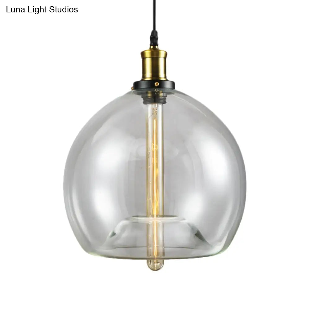 Industrial Brass Cylinder/Globe Pendant Light Fixture With Clear Glass - 1-Light Ceiling Hanging