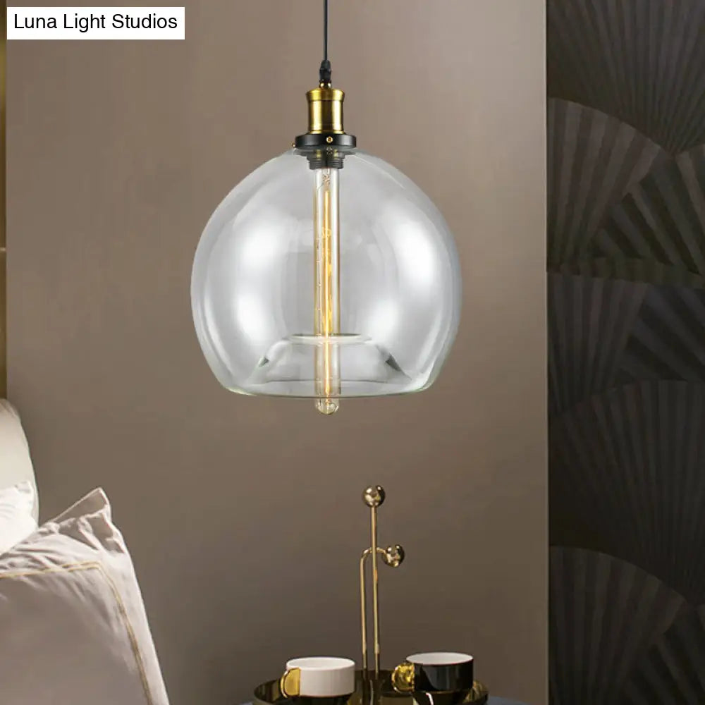 Industrial Brass Cylinder/Globe Pendant Light Fixture With Clear Glass - 1-Light Ceiling Hanging