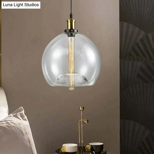 Industrial Brass Cylinder/Globe Pendant Light Fixture With Clear Glass - 1-Light Ceiling Hanging