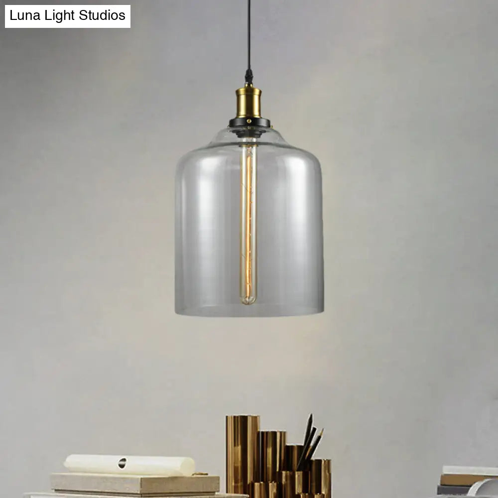 Industrial Brass Cylinder/Globe Pendant Light Fixture With Clear Glass - 1-Light Ceiling Hanging