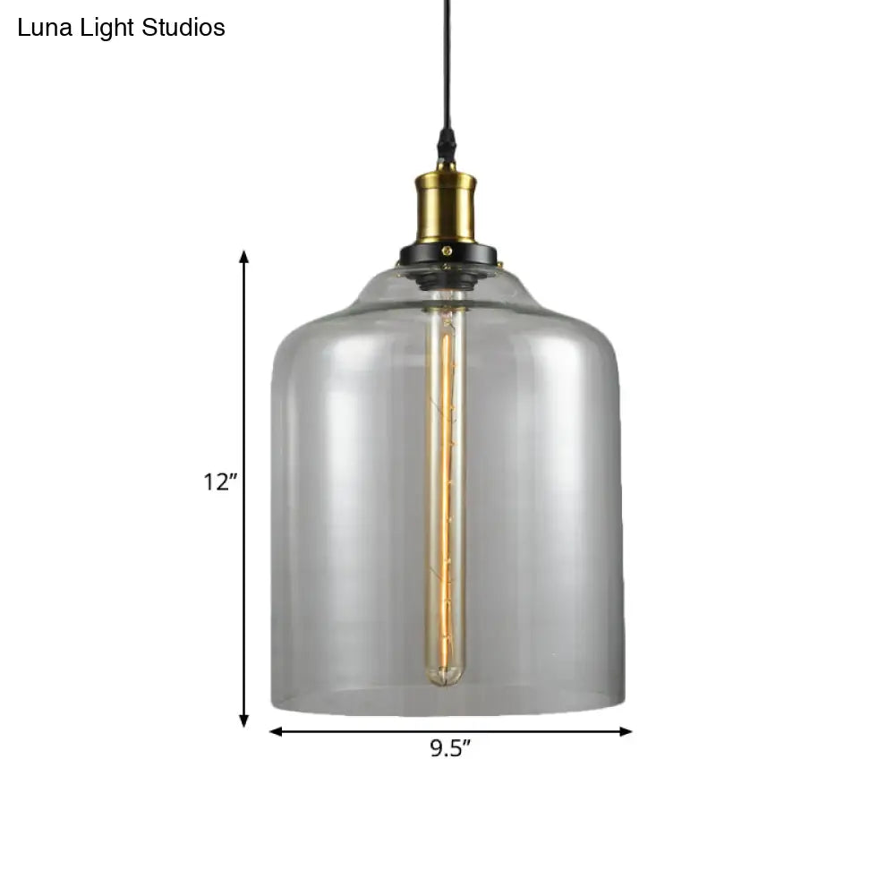 Industrial Brass Cylinder/Globe Pendant Light Fixture With Clear Glass - 1-Light Ceiling Hanging