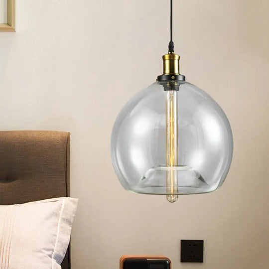 Industrial Brass Cylinder/Globe Pendant Light Fixture With Clear Glass - 1-Light Ceiling Hanging /