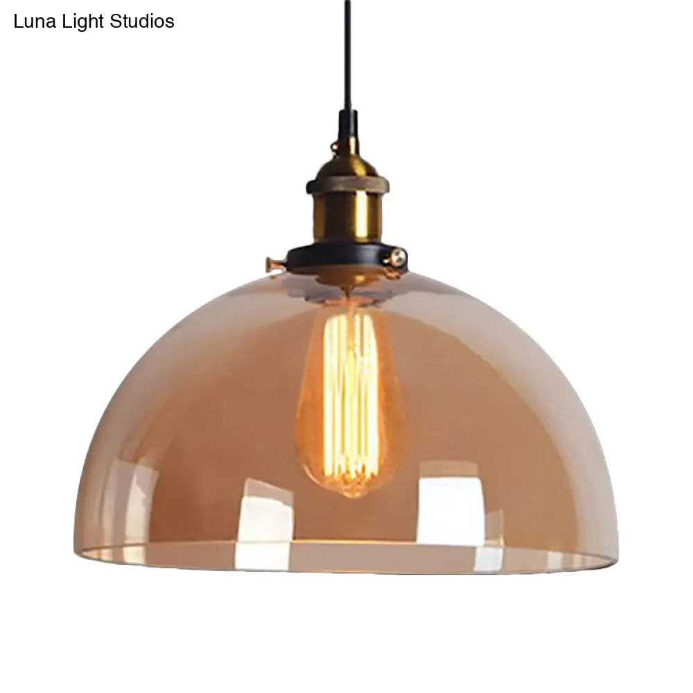 Industrial Brass Dome Pendant Light - Clear/Amber Glass