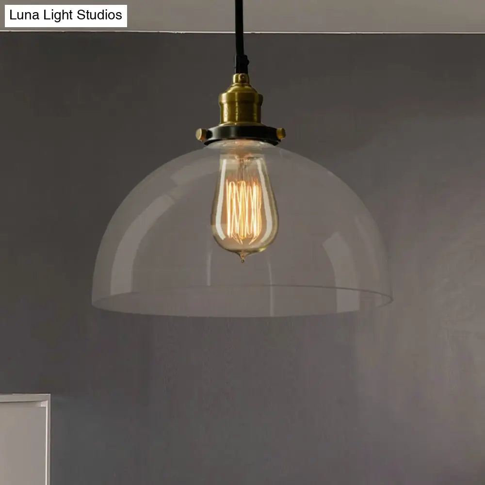 Industrial Brass Dome Pendant Light - Clear/Amber Glass