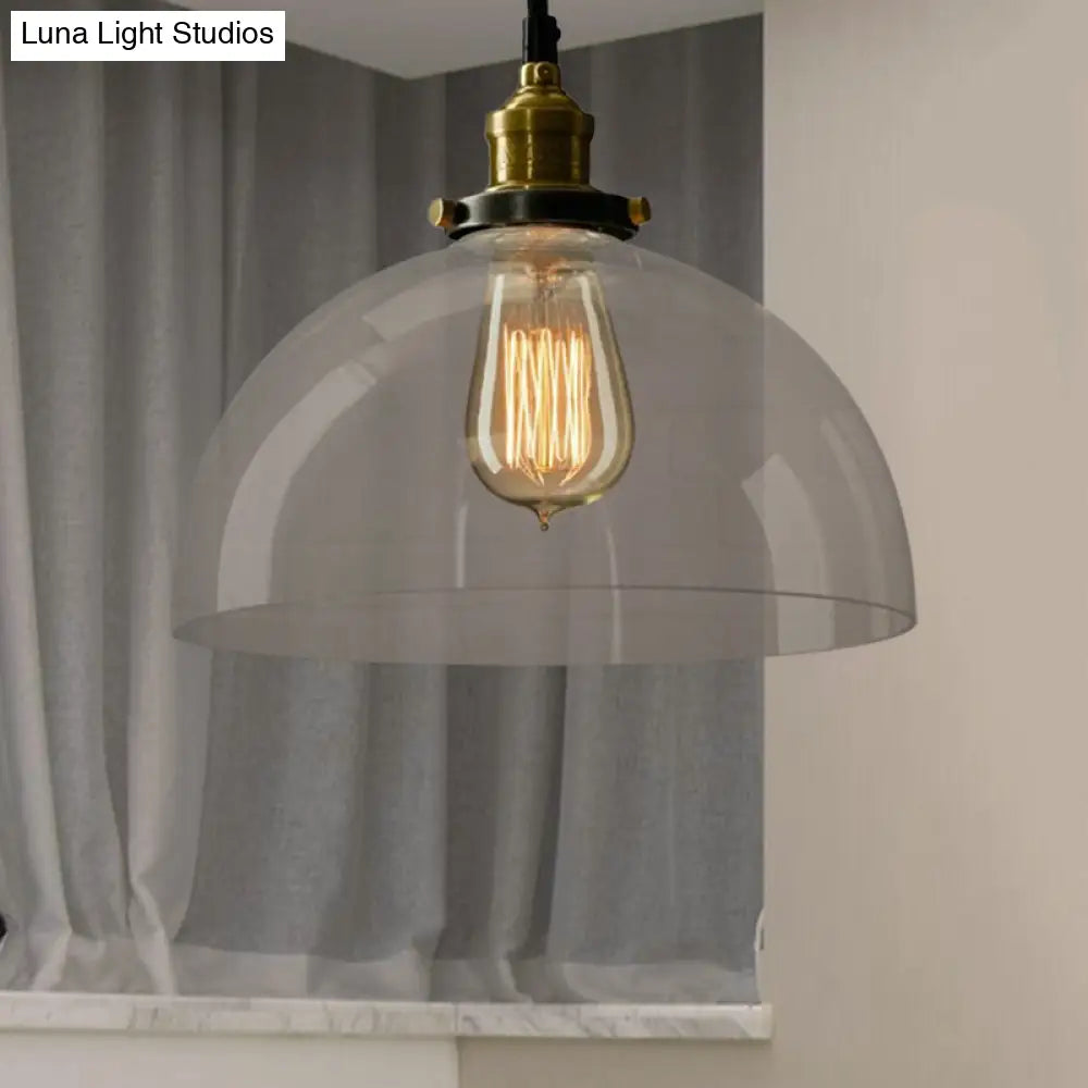 Industrial Brass Dome Pendant Light - Clear/Amber Glass