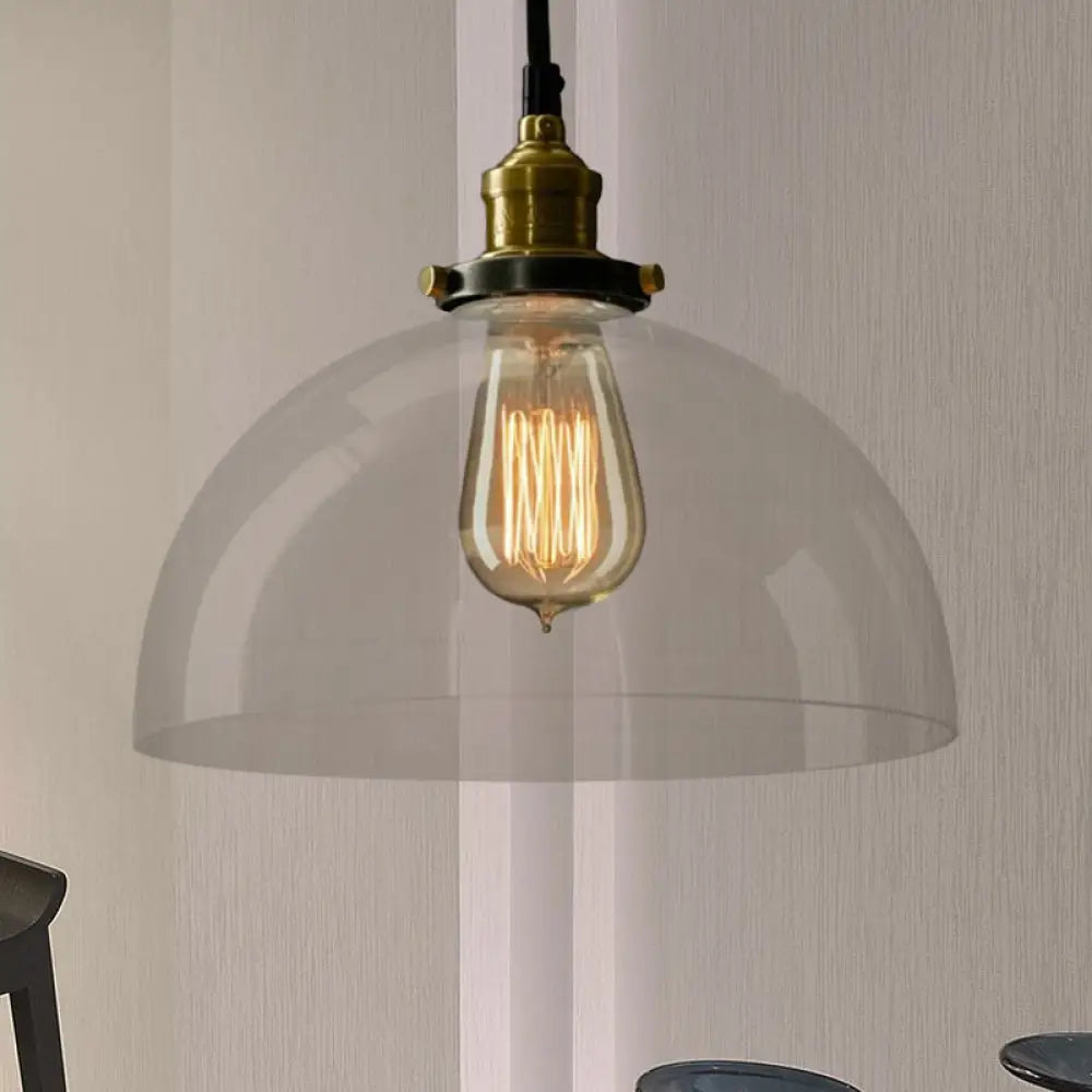 Industrial Brass Dome Pendant Light - Clear/Amber Glass Clear