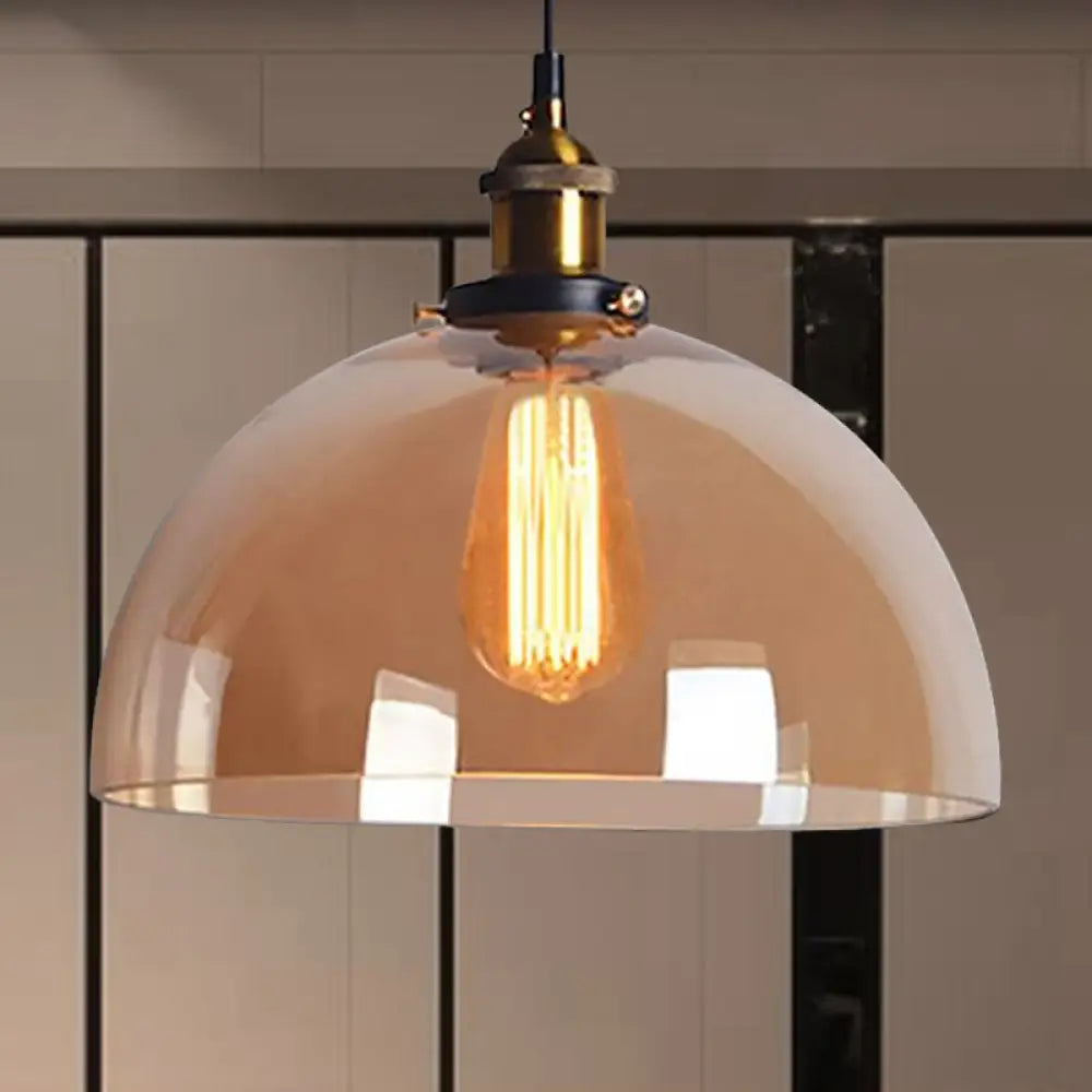 Industrial Brass Dome Pendant Light - Clear/Amber Glass Amber