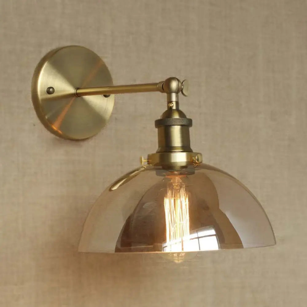 Industrial Brass Dome Wall Lamp With White/Clear/Amber Glass Sconce Amber