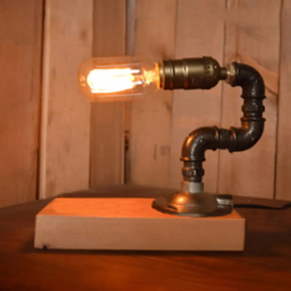 Industrial Brass Finish Curved Pipe Table Lamp With Wooden Base - 1 Light Metal Lighting Fixture