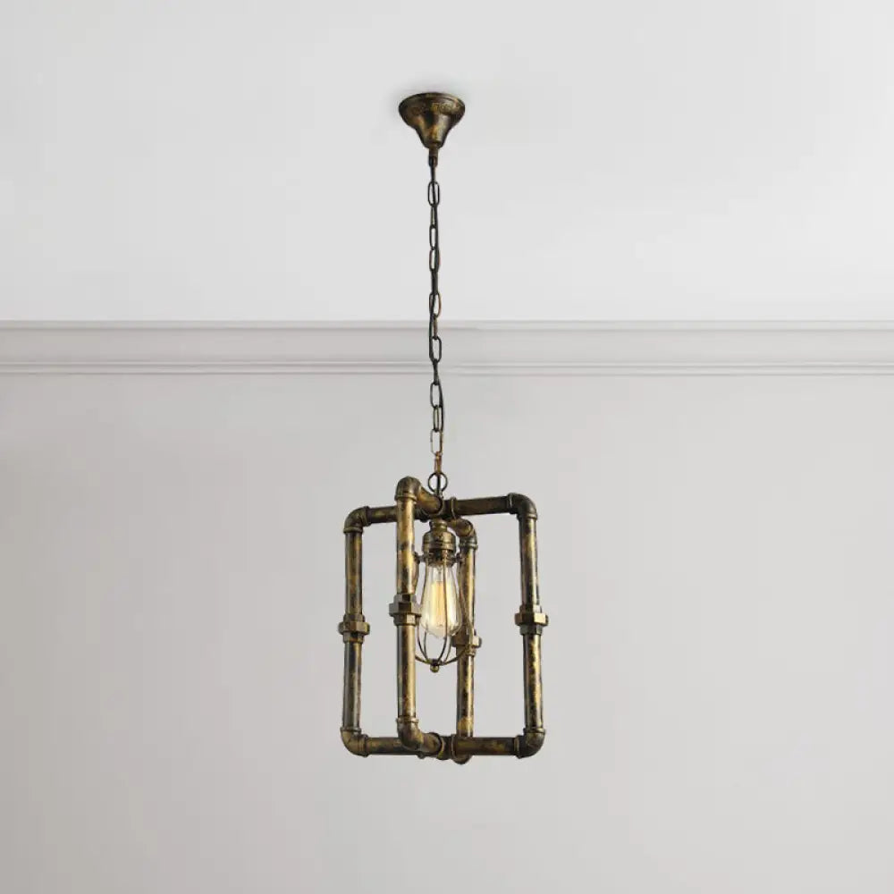Industrial Brass Finish Rectangular Pipe Ceiling Lamp With Bulb Cage Shade