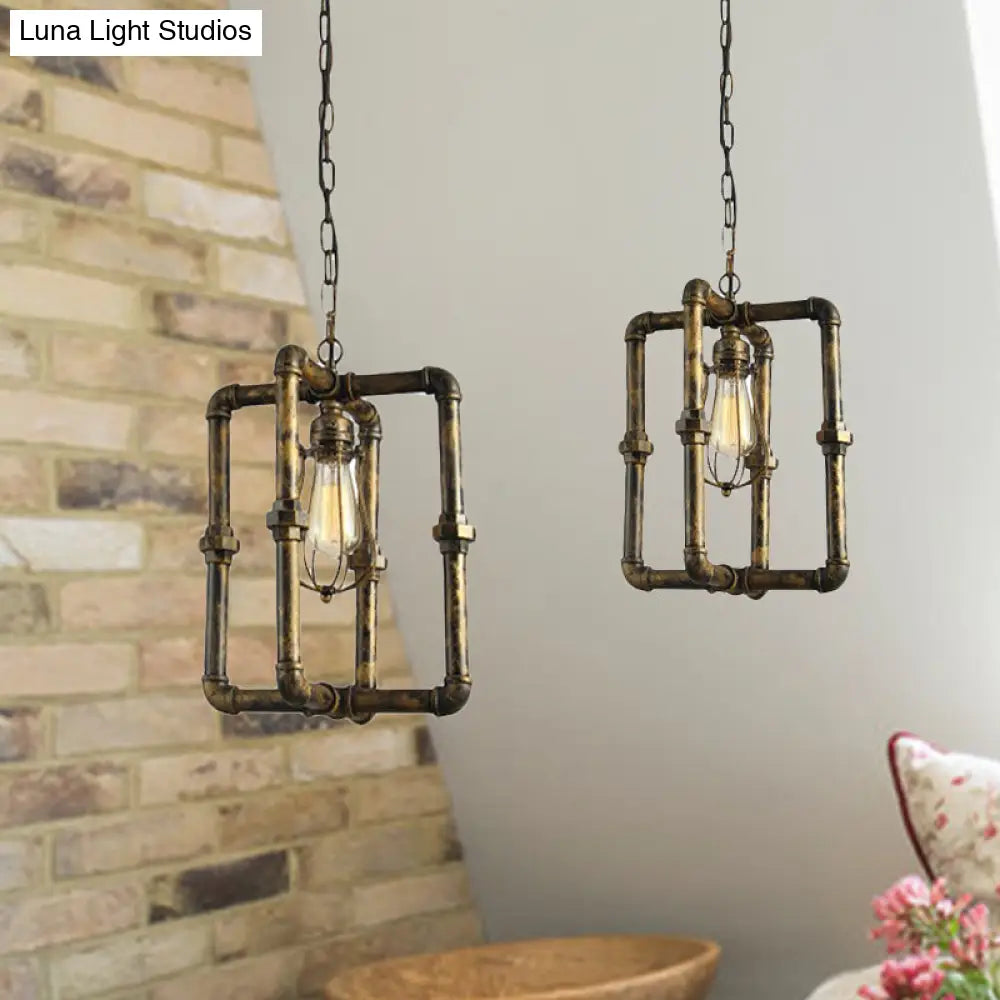 Industrial Brass Finish Rectangular Pipe Ceiling Lamp With Bulb Cage Shade