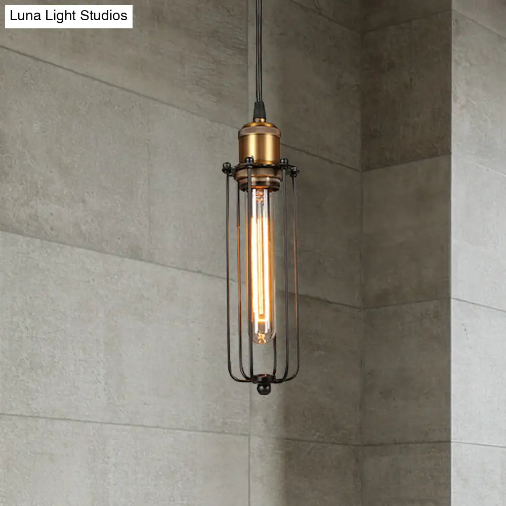 Industrial Brass Finish Cage Pendant Light - Tubed Head Design For Hanging Ceiling 1-Head Option