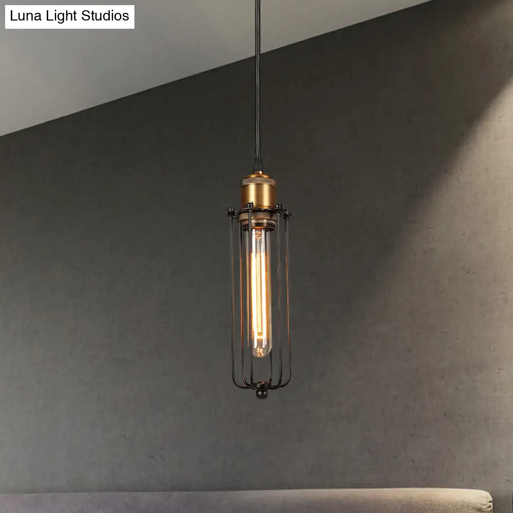 Industrial Brass Finish Cage Pendant Light - Tubed Head Design For Hanging Ceiling 1-Head Option