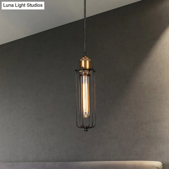 Industrial Brass Finish Cage Pendant Light - Tubed Head Design For Hanging Ceiling 1-Head Option